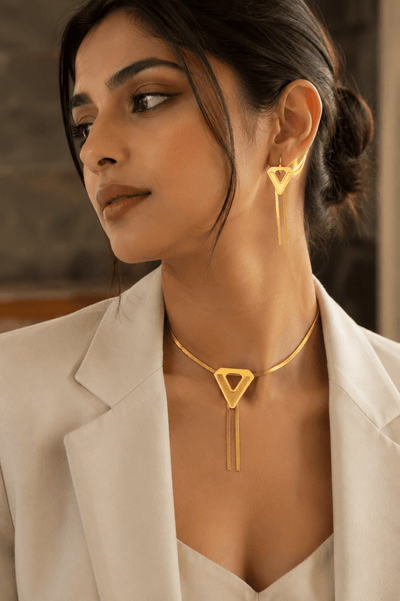 Geometric Herringbone Choker Necklace & Fringe Earrings Set - Gold Stainless Steel