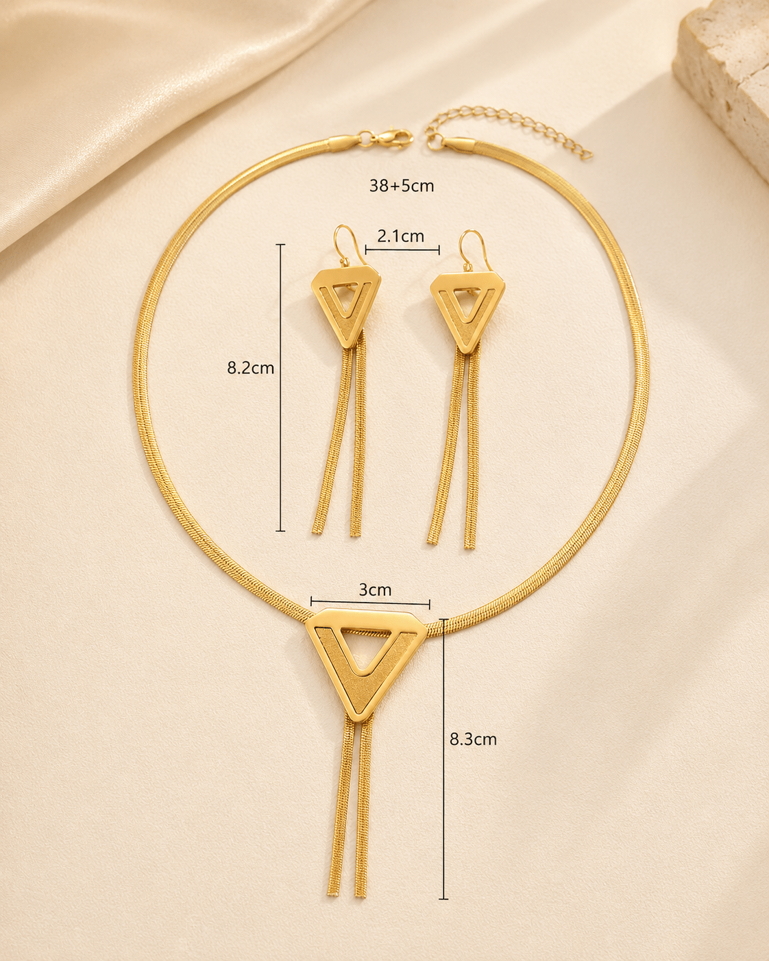 Geometric Herringbone Choker Necklace & Fringe Earrings Set - Gold Stainless Steel