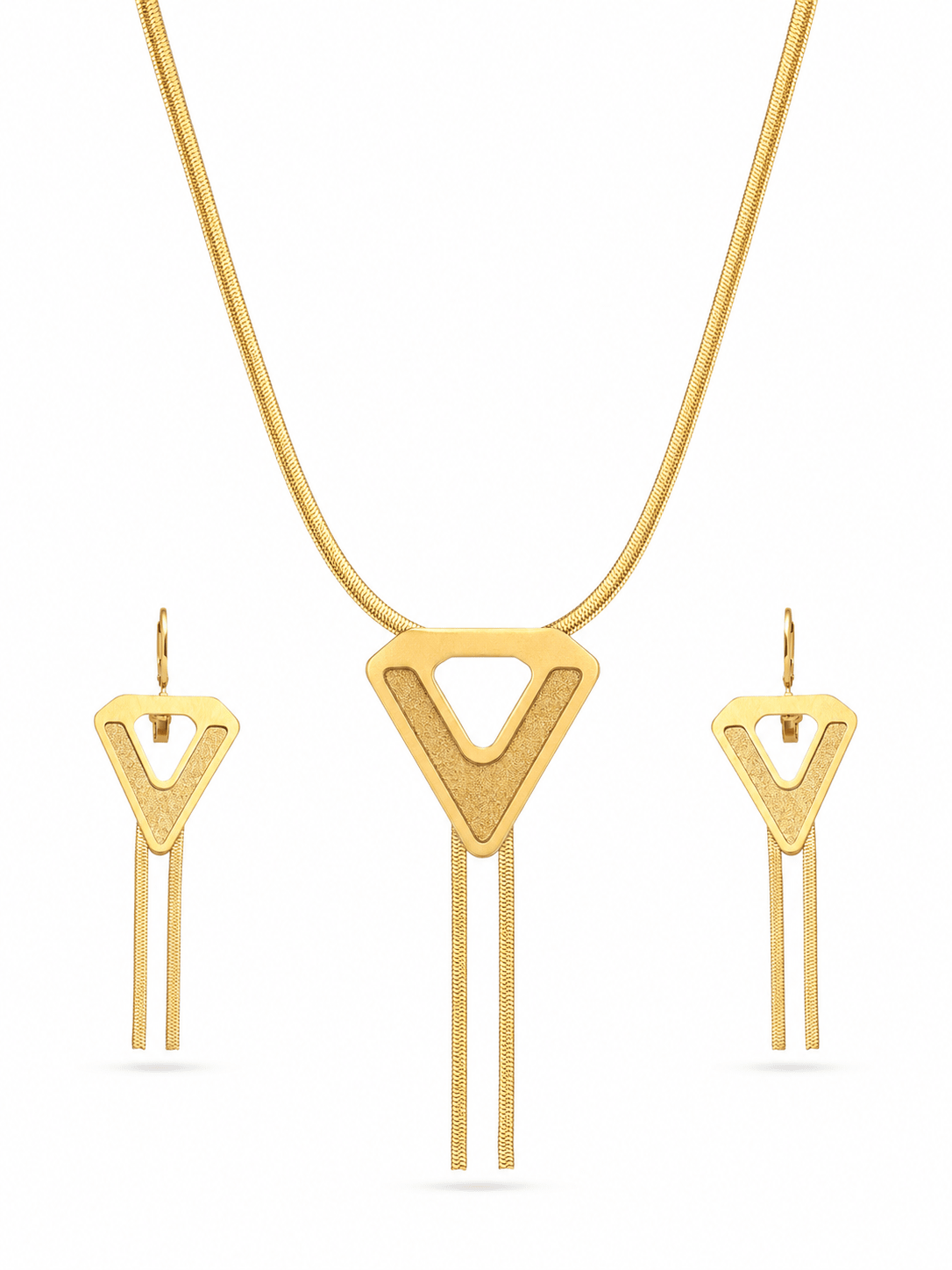 Geometric Herringbone Choker Necklace & Fringe Earrings Set - Gold Stainless Steel