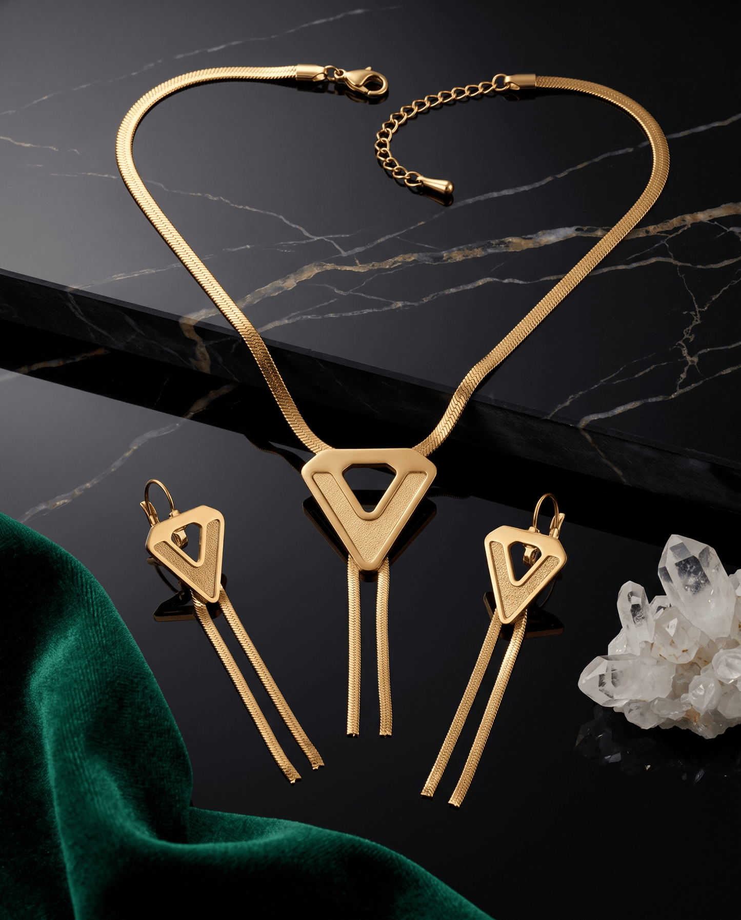 Geometric Herringbone Choker Necklace & Fringe Earrings Set - Gold Stainless Steel