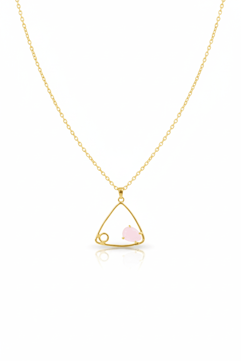 Geometric Triangle Pendant with Rose Quartz | Natural Stone Chain Pendant, Gold - Plated Brass - Maxiblink
