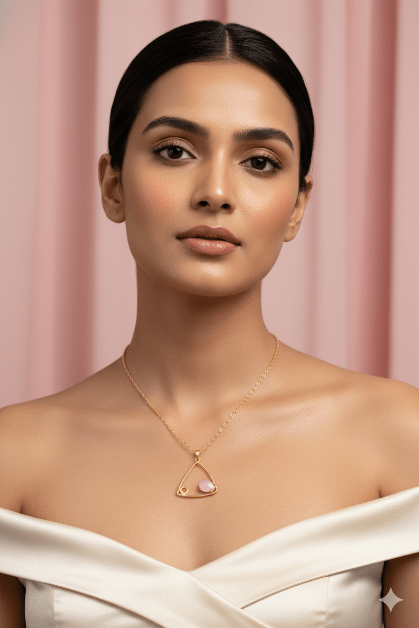 Geometric Triangle Pendant with Rose Quartz | Natural Stone Chain Pendant, Gold - Plated Brass - Maxiblink