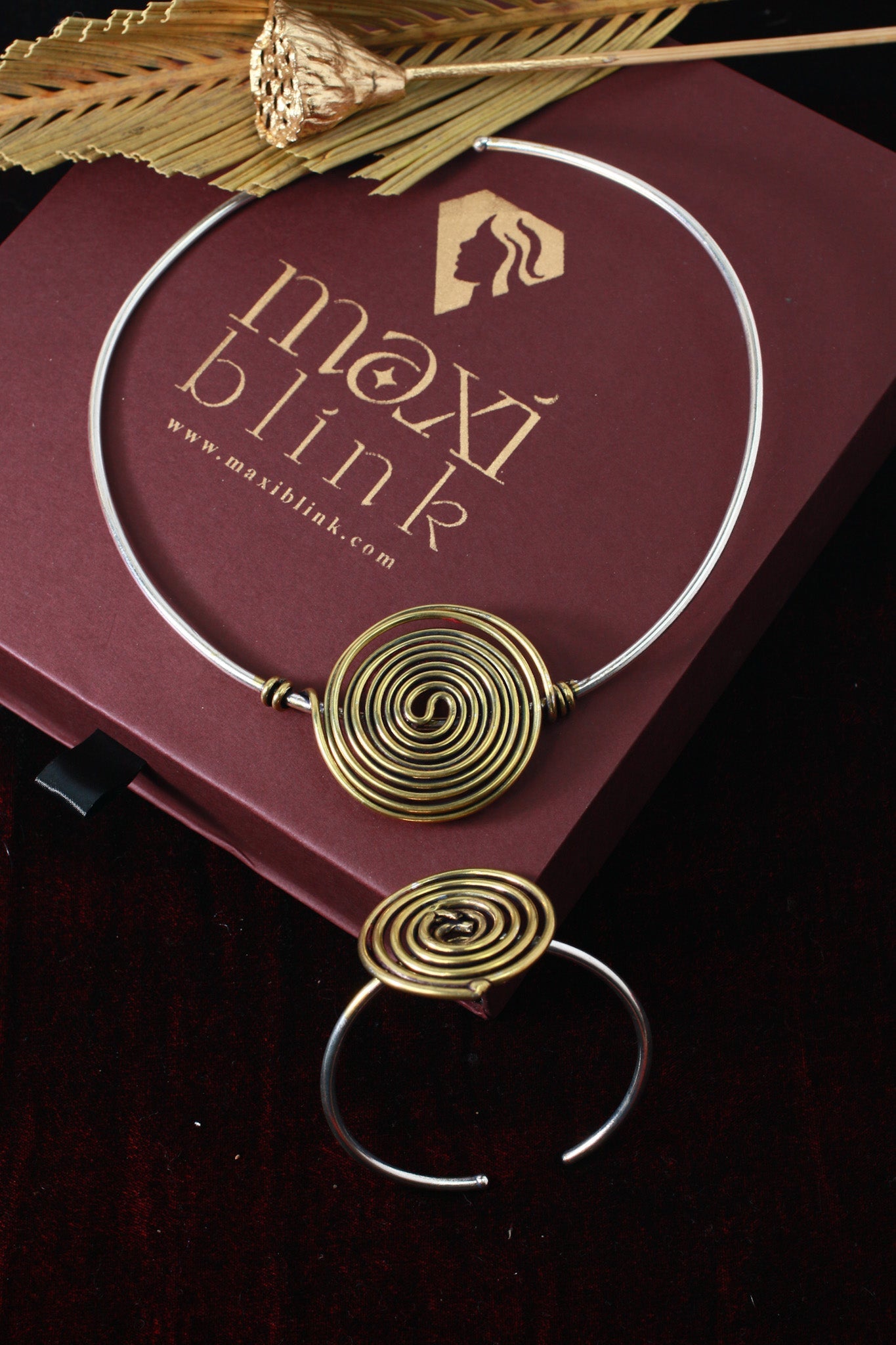 German Silver Dual - Tone Spiral Necklace with Matching Spiral Bracelet - Maxiblink