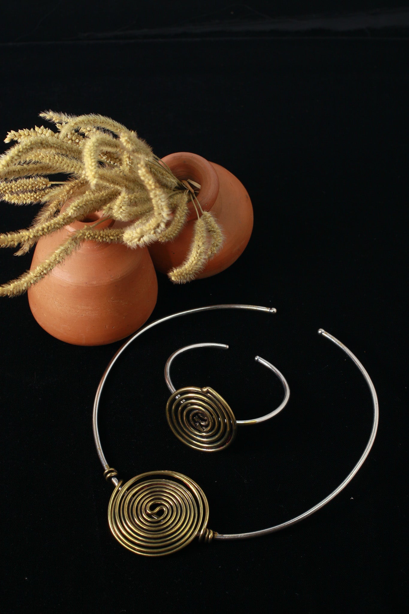 German Silver Dual - Tone Spiral Necklace with Matching Spiral Bracelet - Maxiblink