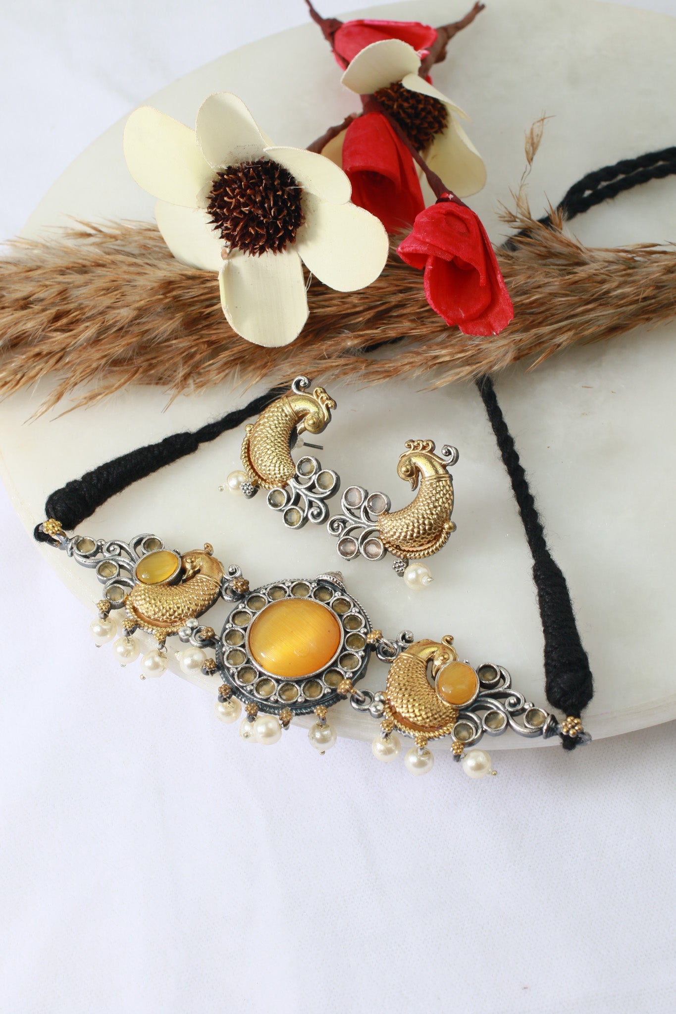 German Silver Gold - Tone Temple Jewellery Set with Earrings (Peacock Motif) - Maxiblink