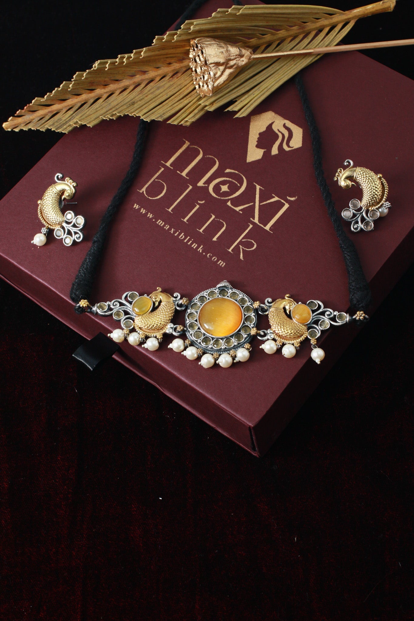 German Silver Gold - Tone Temple Jewellery Set with Earrings (Peacock Motif) - Maxiblink