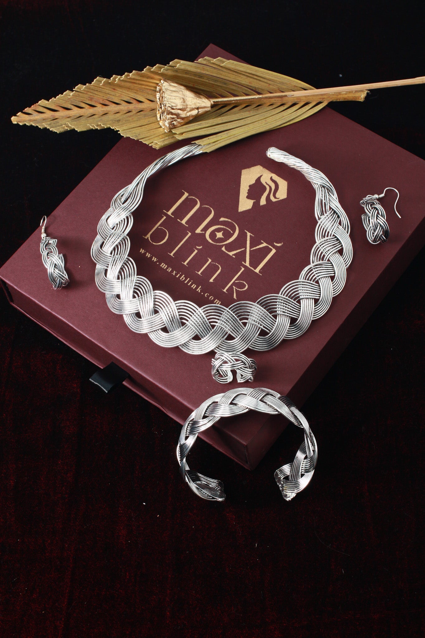 German Silver Oxidised Braided Jewellery Set (Necklace, Bracelet, Earrings, Ring) - Maxiblink