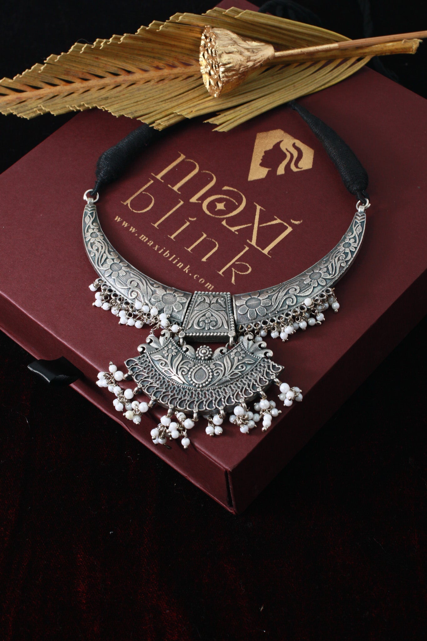 German Silver Oxidised Engraved Necklace (Only Necklace) - Maxiblink