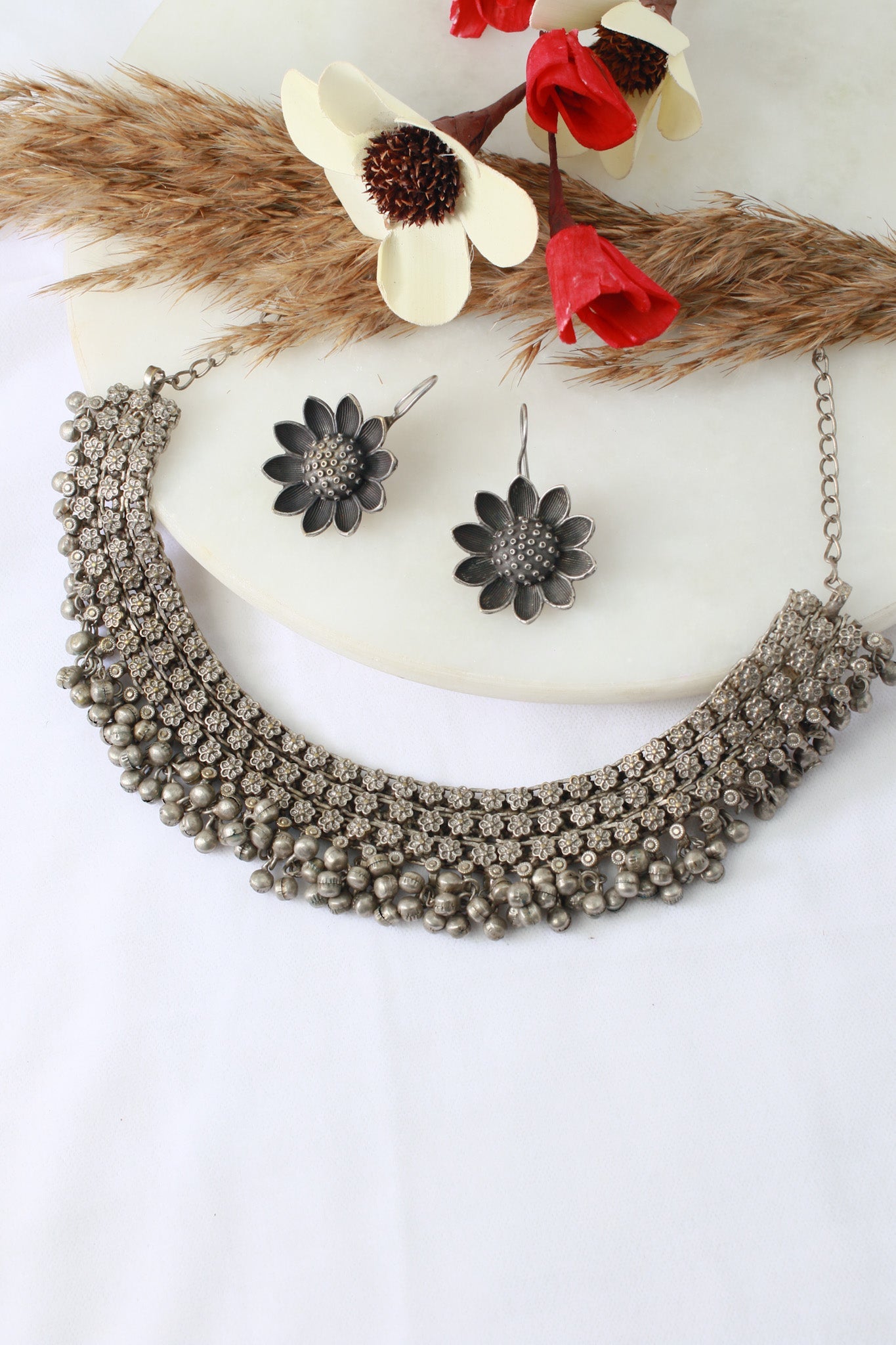 German Silver Oxidised Floral Layered Necklace with Hanging Beads & Earrings – Traditional Boho Jewellery Set - Maxiblink