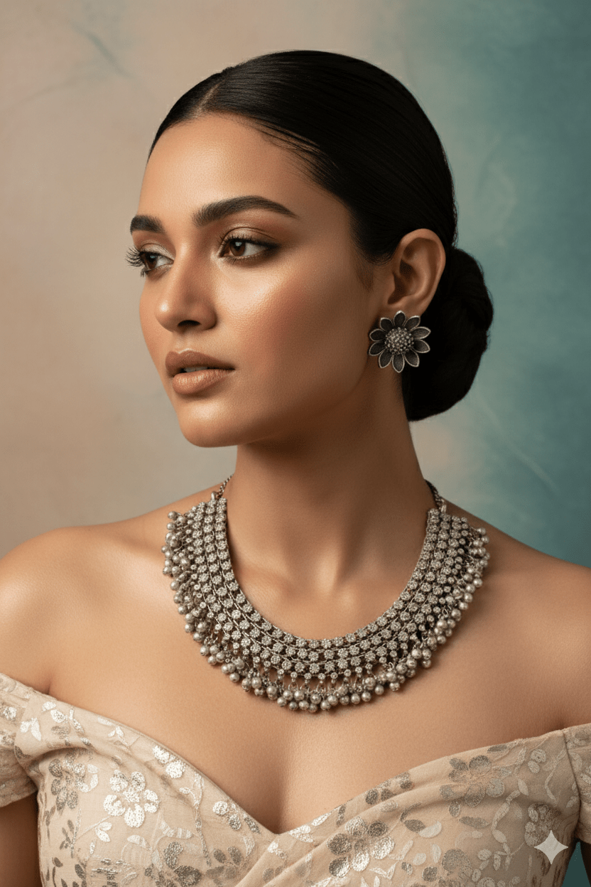 German Silver Oxidised Floral Layered Necklace with Hanging Beads & Earrings – Traditional Boho Jewellery Set - Maxiblink