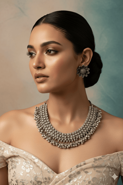 German Silver Oxidised Floral Layered Necklace with Hanging Beads & Earrings – Traditional Boho Jewellery Set - Maxiblink
