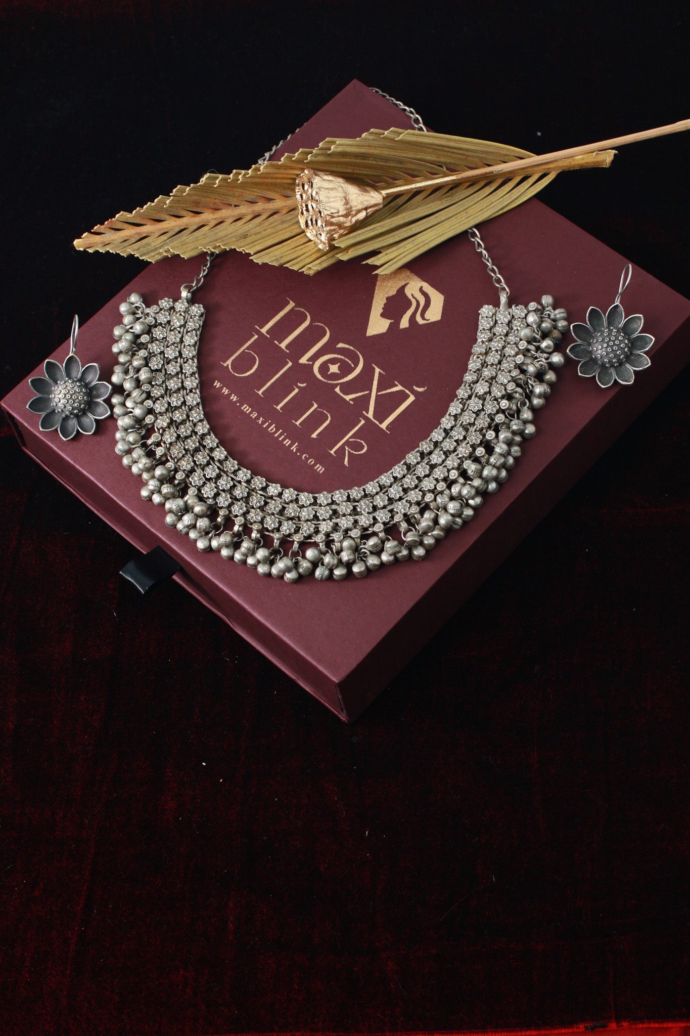 German Silver Oxidised Floral Layered Necklace with Hanging Beads & Earrings – Traditional Boho Jewellery Set - Maxiblink