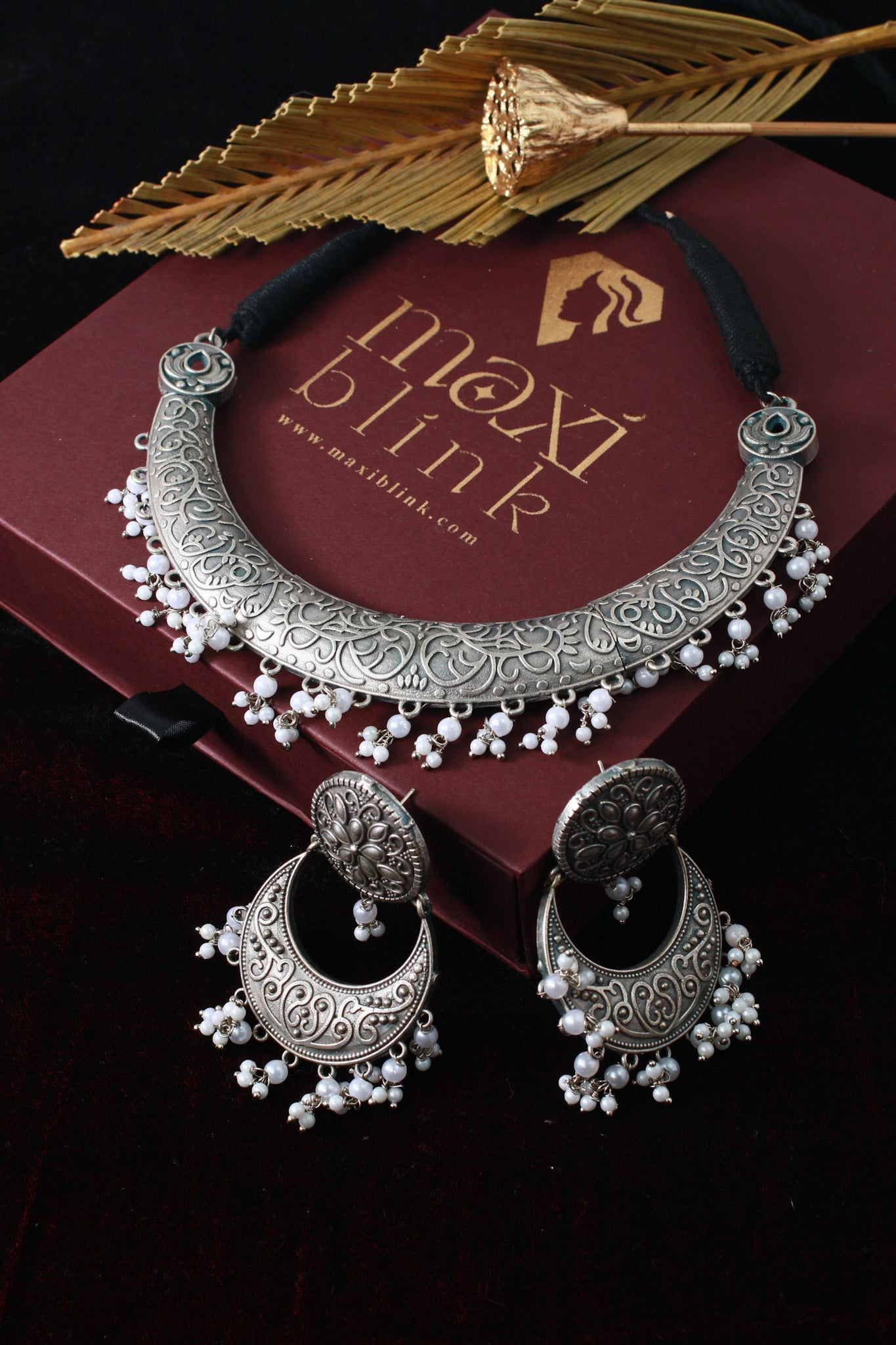 German Silver Oxidised Floral & Pearl Dangling Necklace Set - Maxiblink