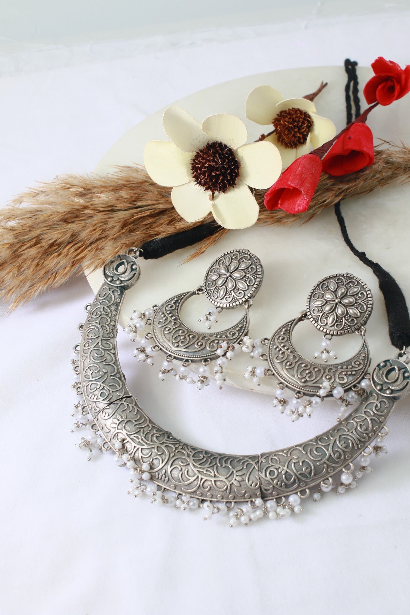 German Silver Oxidised Floral & Pearl Dangling Necklace Set - Maxiblink