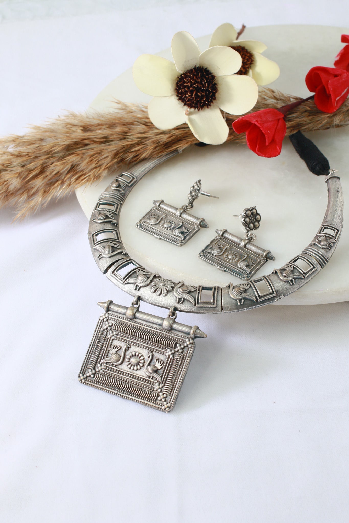 German Silver Oxidised Temple Necklace with Earrings (Rectangular Pendant) - Maxiblink