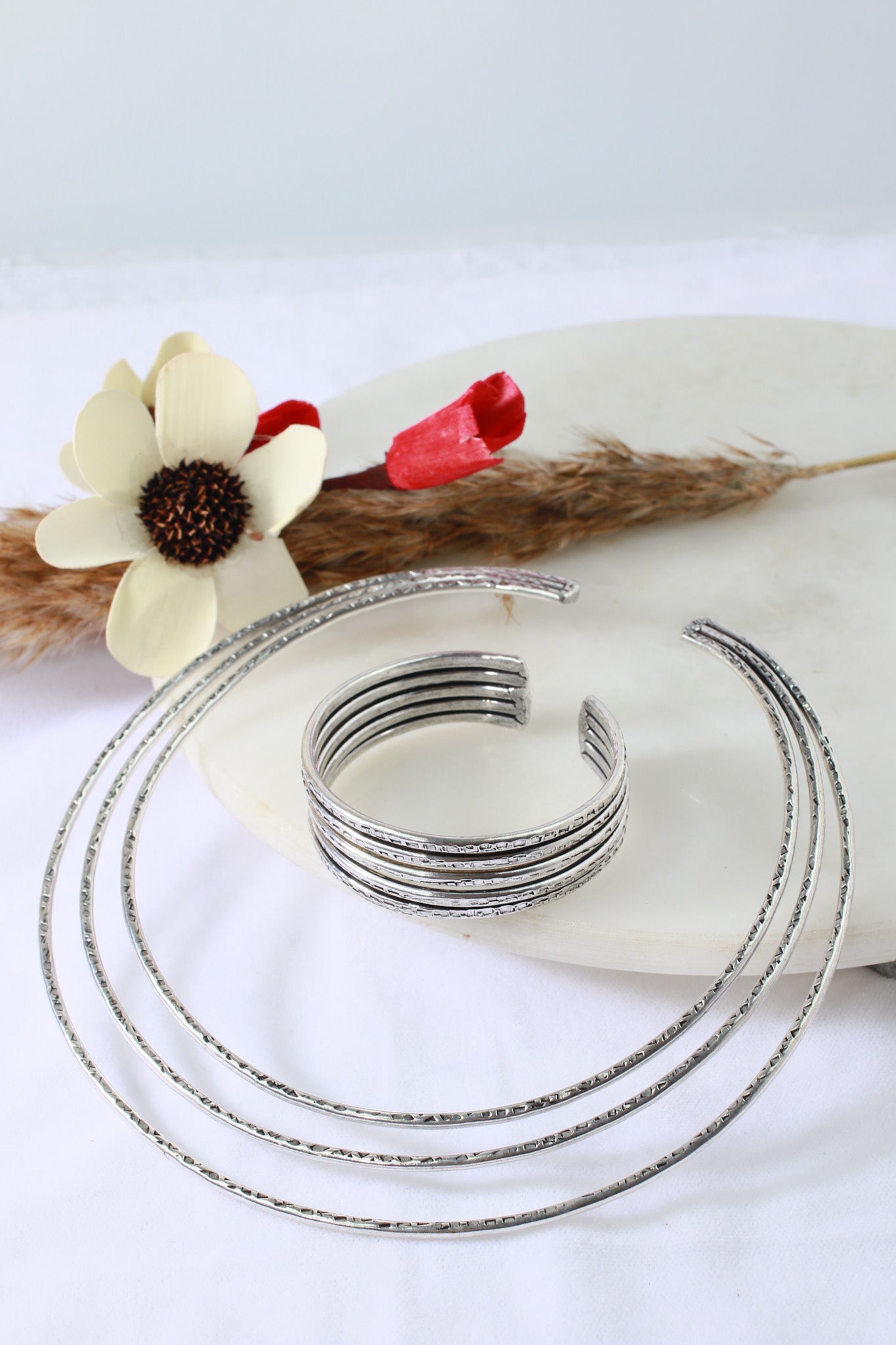 German Silver Oxidised Textured Hansli Necklace with Matching Bracelet Set - Maxiblink