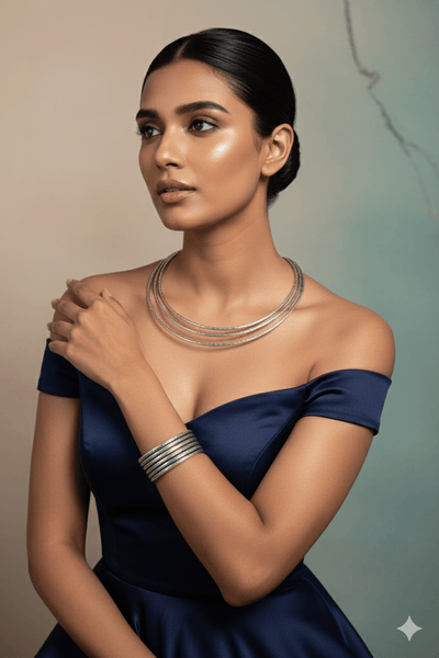 German Silver Oxidised Textured Hansli Necklace with Matching Bracelet Set - Maxiblink