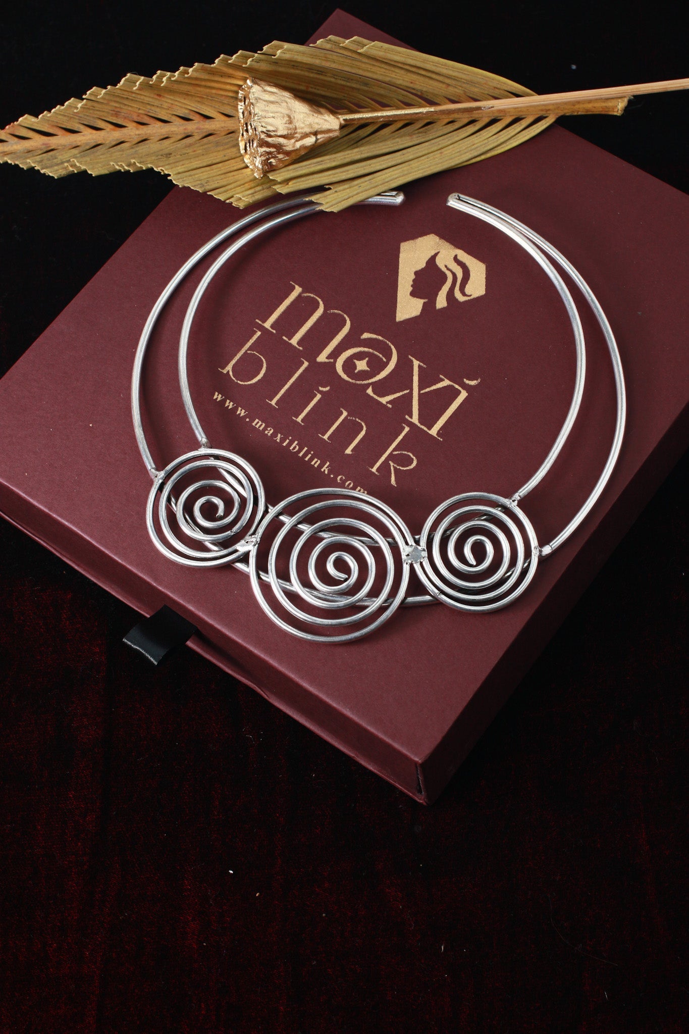 German Silver Oxidised Triple Spiral Statement Necklace (Only Necklace) - Maxiblink