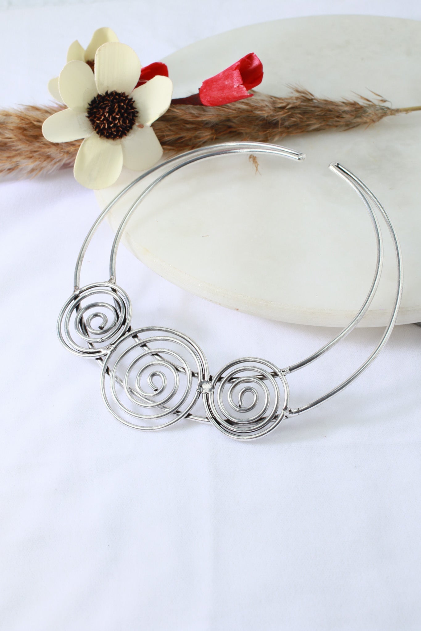 German Silver Oxidised Triple Spiral Statement Necklace (Only Necklace) - Maxiblink
