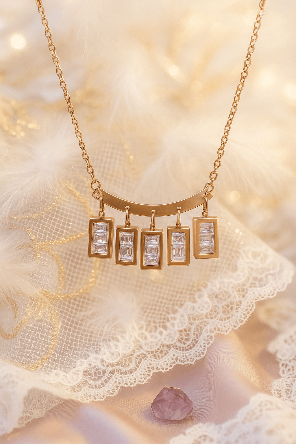 Gold Bar Multi - Rectangle Crystal Drop Pendant Necklace | Anti - Tarnish - Maxiblink