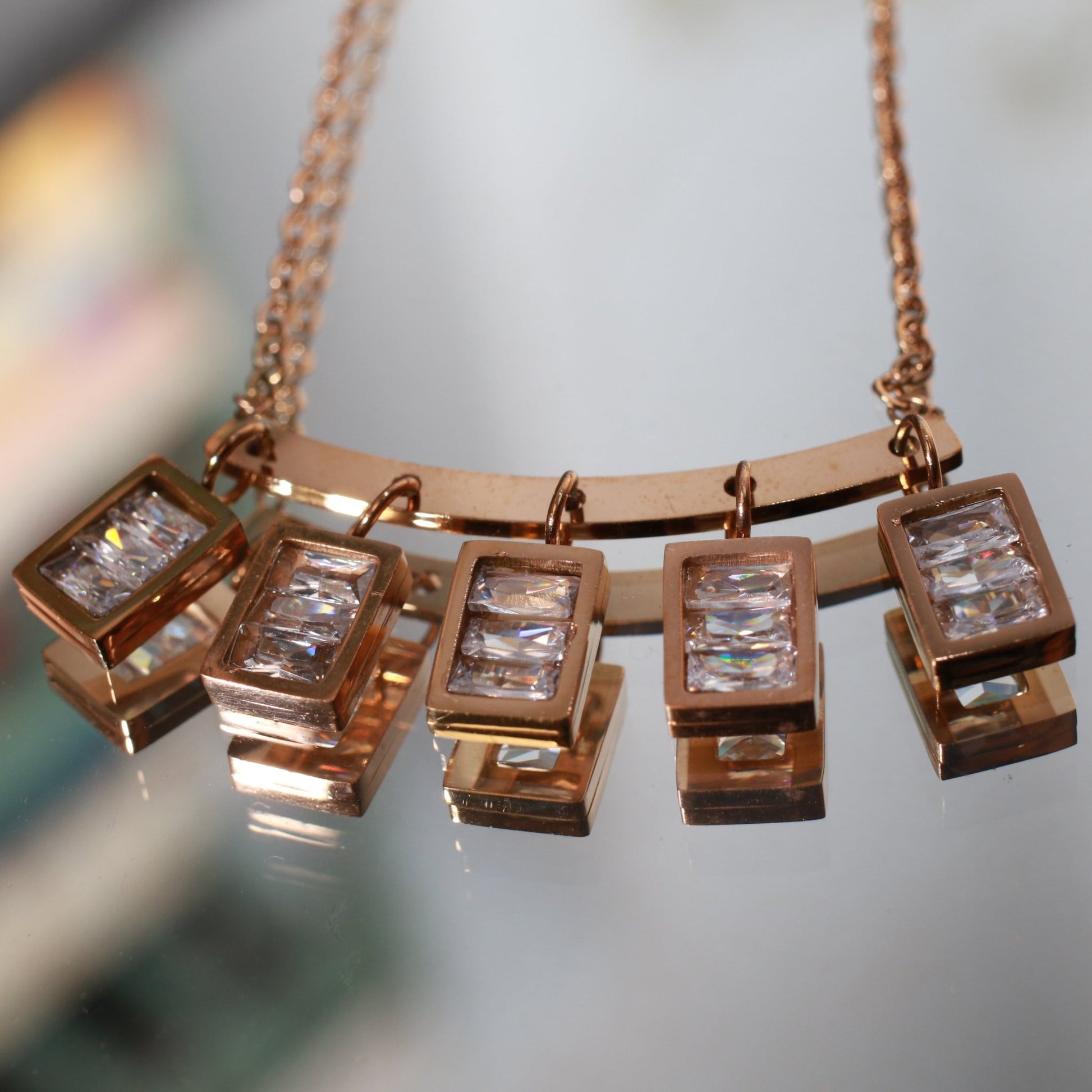 Gold Bar Multi - Rectangle Crystal Drop Pendant Necklace | Anti - Tarnish - Maxiblink