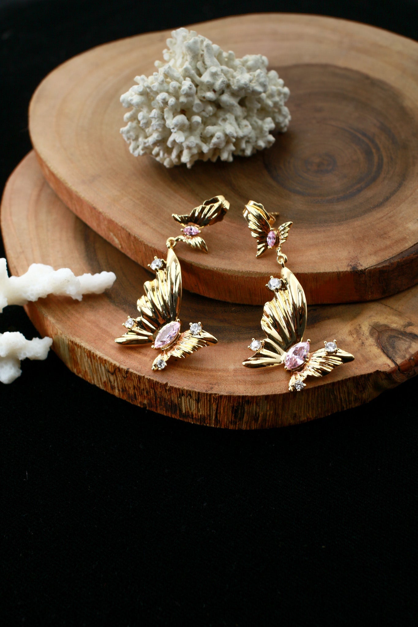 Gold Butterfly Drop Earrings with Pink Crystal - Maxiblink