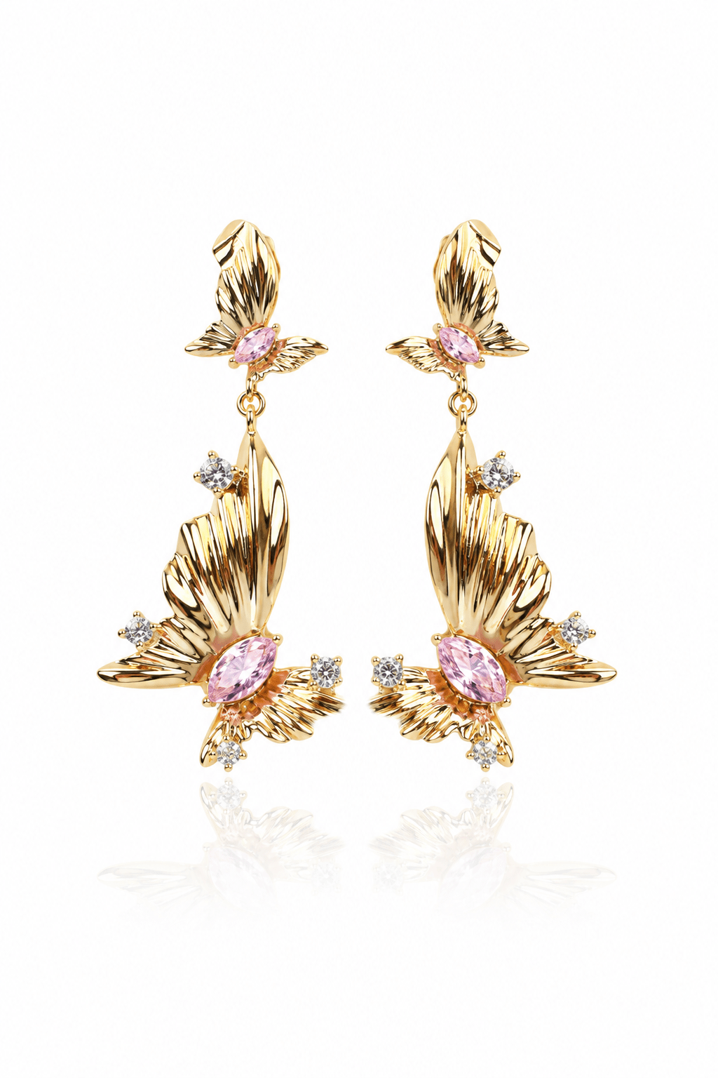 Gold Butterfly Drop Earrings with Pink Crystal - Maxiblink