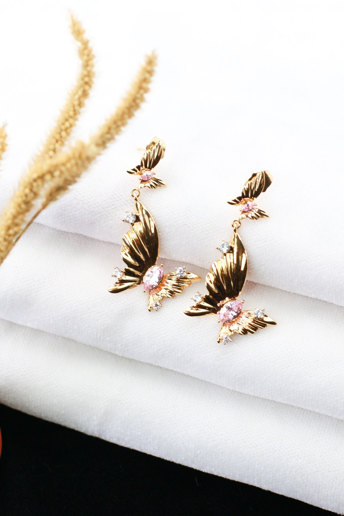 Gold Butterfly Drop Earrings with Pink Crystal - Maxiblink