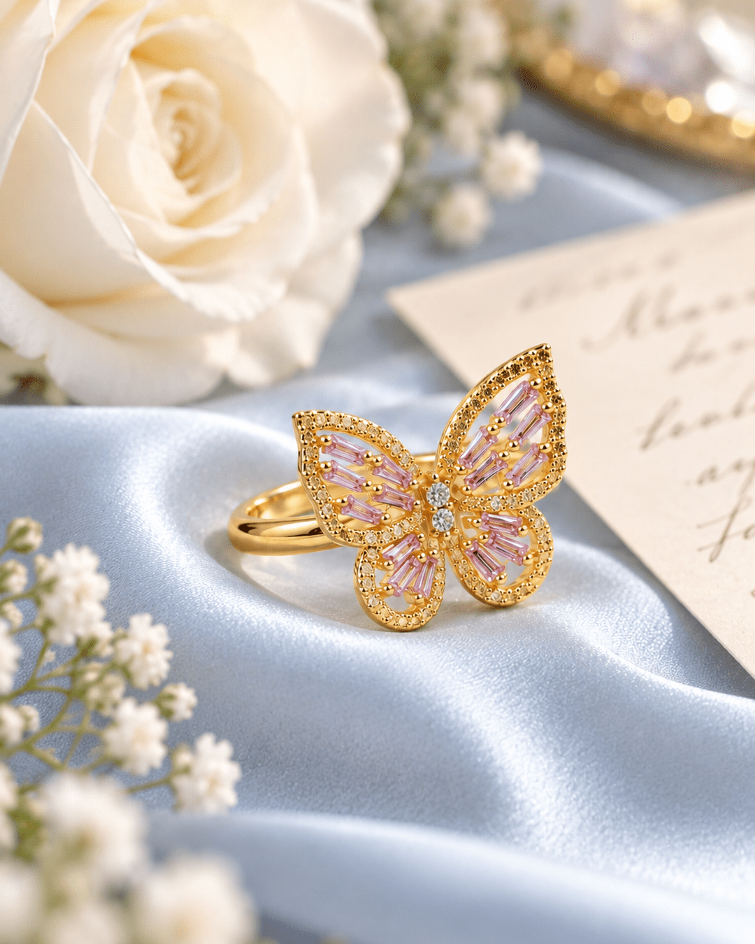 Gold Butterfly Ring with Pink Baguette CZ - Maxiblink