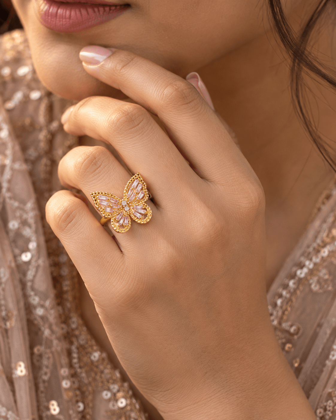 Gold Butterfly Ring with Pink Baguette CZ - Maxiblink