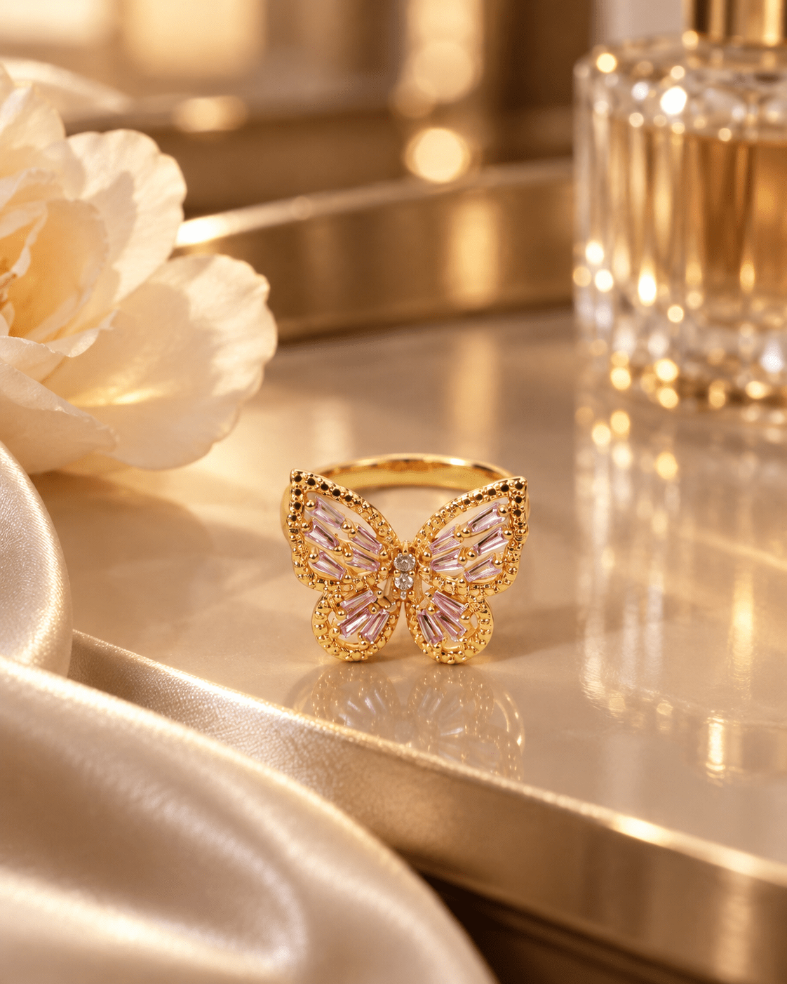 Gold Butterfly Ring with Pink Baguette CZ - Maxiblink