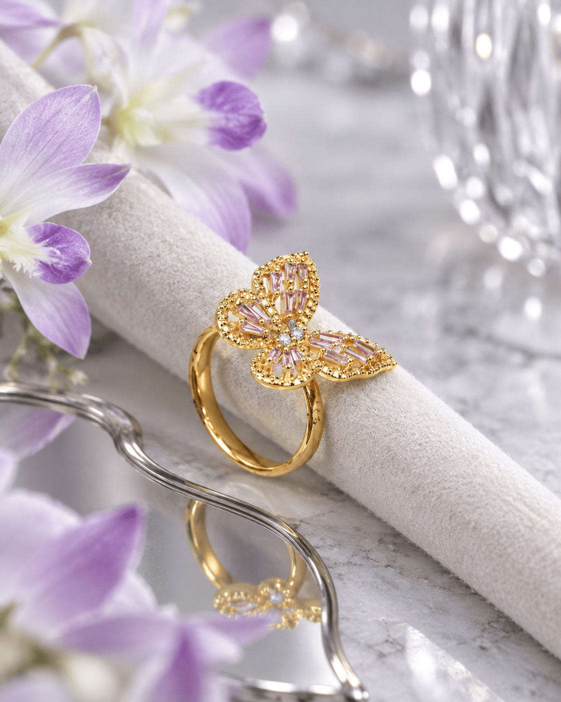 Gold Butterfly Ring with Pink Baguette CZ - Maxiblink