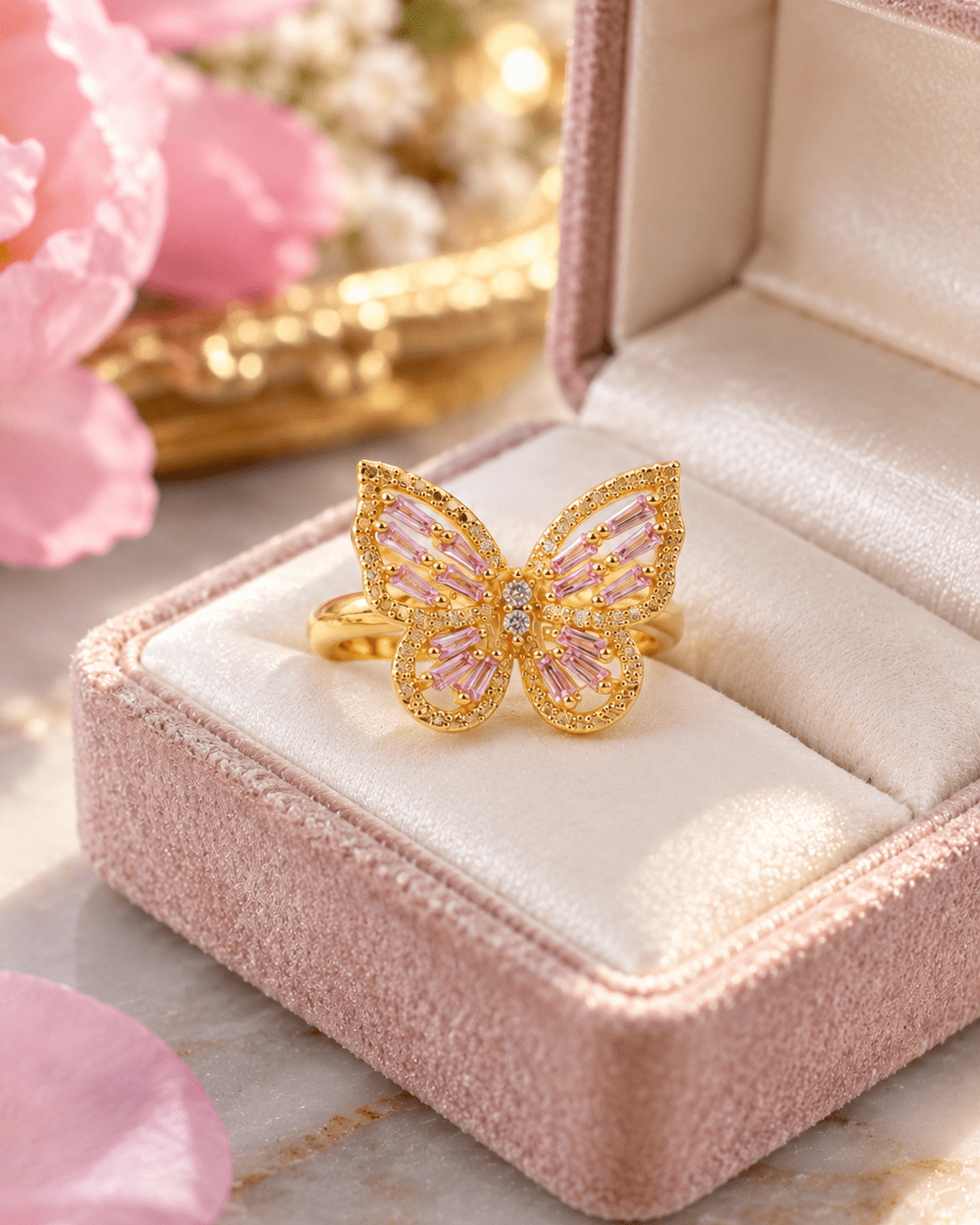 Gold Butterfly Ring with Pink Baguette CZ - Maxiblink