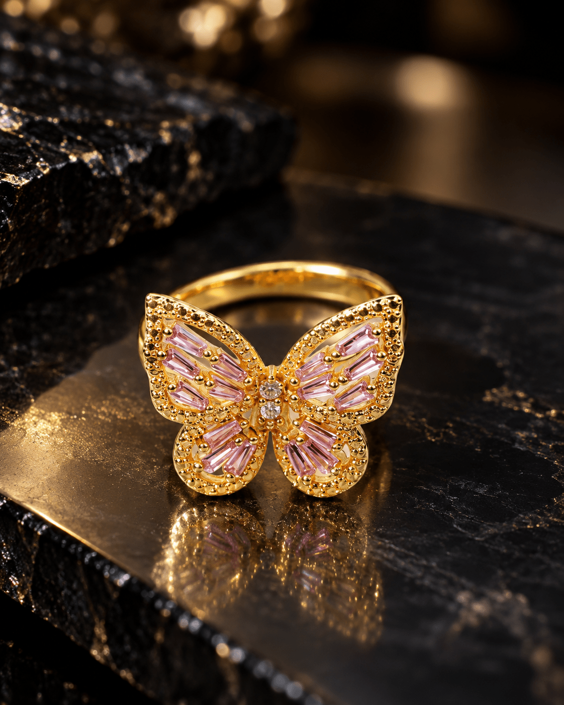 Gold Butterfly Ring with Pink Baguette CZ - Maxiblink