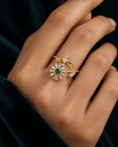 Gold Daisy & Bee Spinner Wrap Ring with Green CZ - Maxiblink