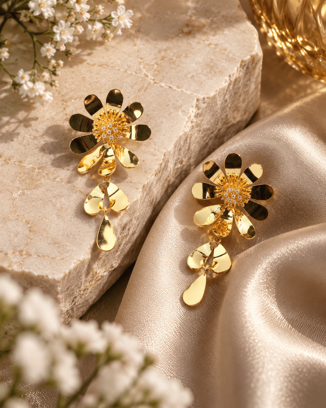 Gold Daisy Flower Drop Earrings - Maxiblink