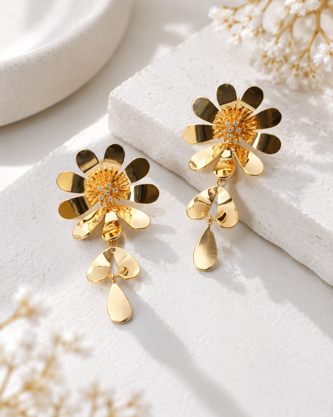 Gold Daisy Flower Drop Earrings - Maxiblink