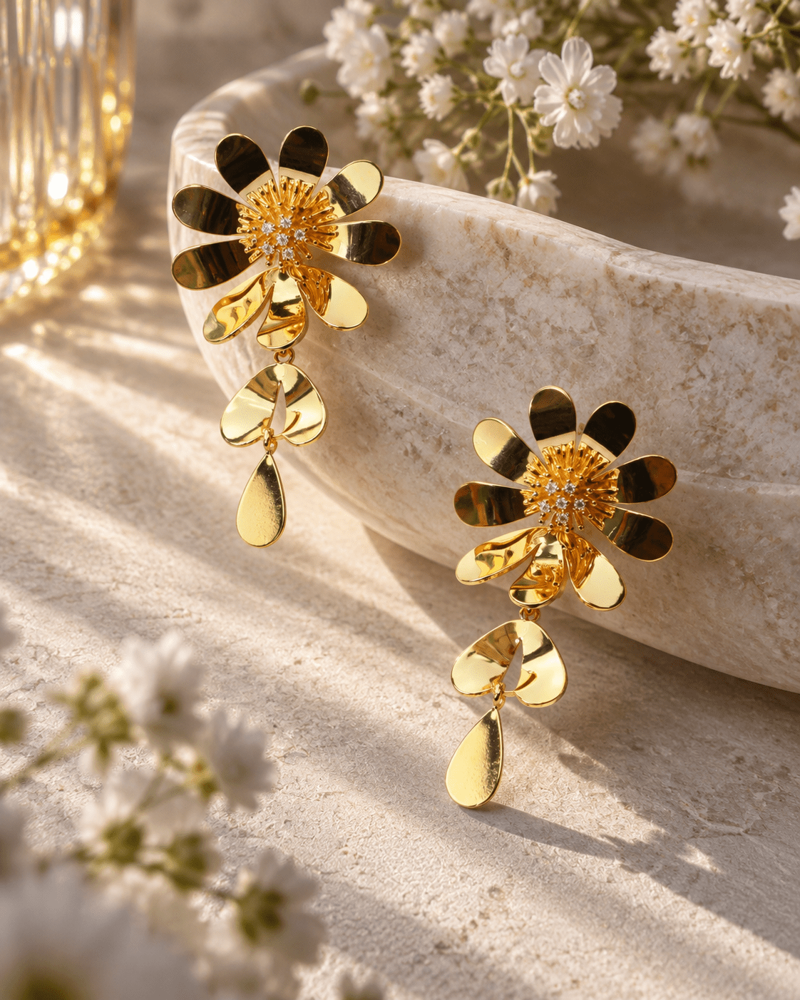 Gold Daisy Flower Drop Earrings - Maxiblink