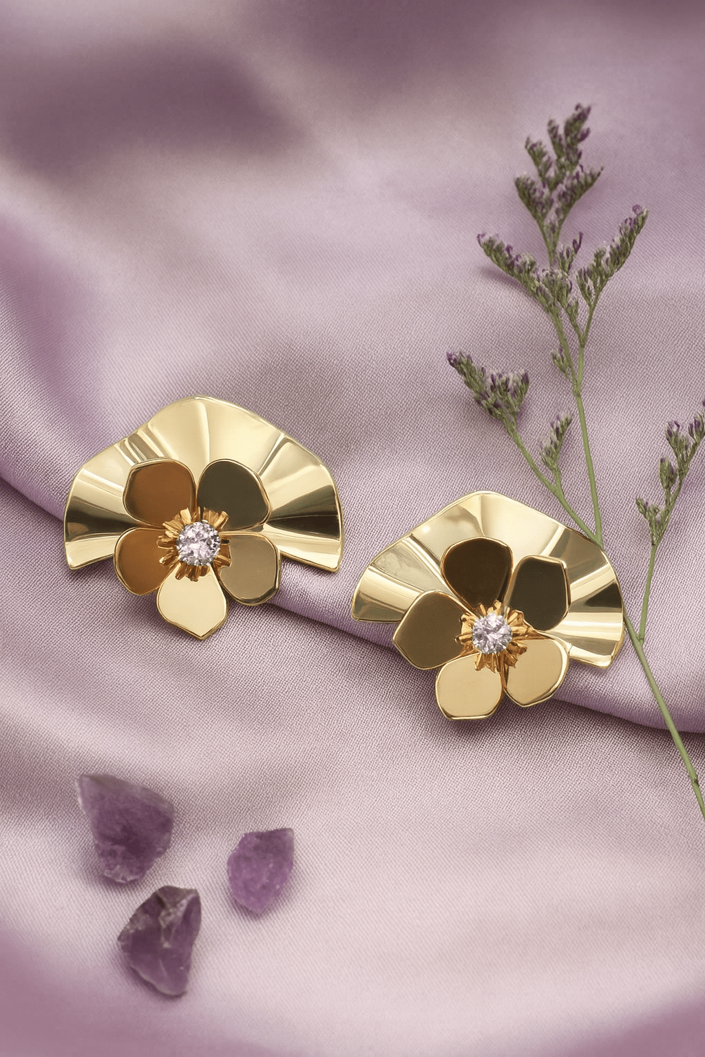 Gold Fan Petal Stud Earrings with Crystal Center – Designer Anti - Tarnish Finish - Maxiblink