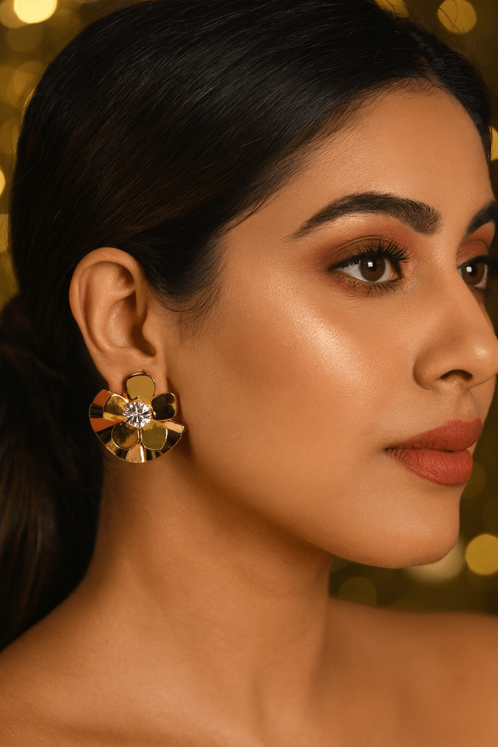 Gold Fan Petal Stud Earrings with Crystal Center – Designer Anti - Tarnish Finish - Maxiblink