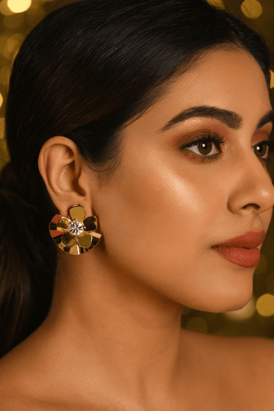 Gold Fan Petal Stud Earrings with Crystal Center – Designer Anti - Tarnish Finish - Maxiblink