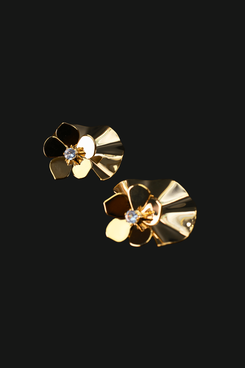 Gold Fan Petal Stud Earrings with Crystal Center – Designer Anti - Tarnish Finish - Maxiblink