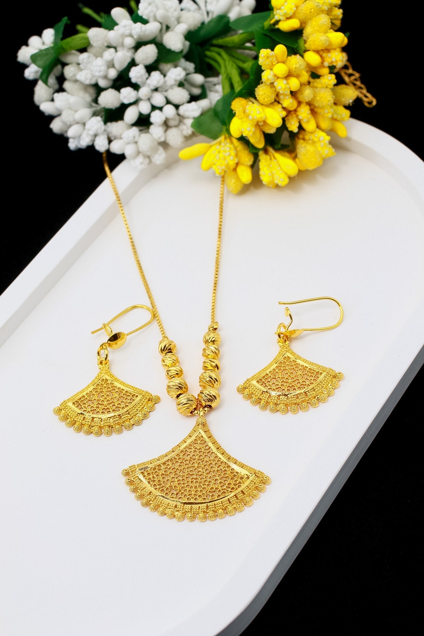 Gold Filigree Fan Pendant Necklace & Earrings Set - Temple-Inspired Jewellery