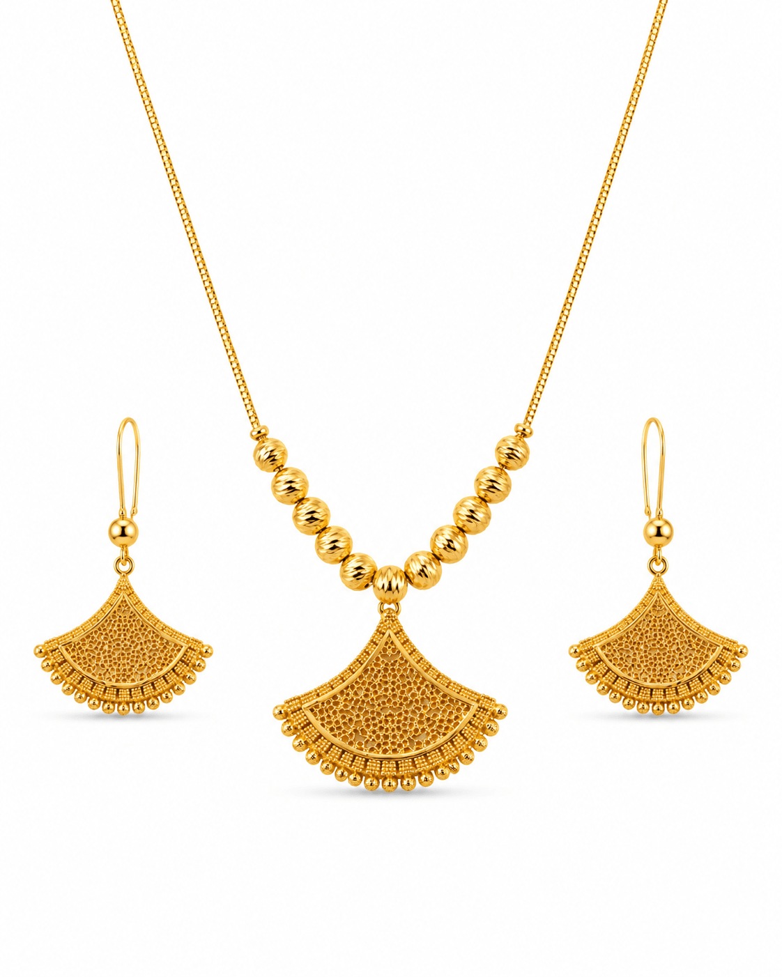 Gold Filigree Fan Pendant Necklace & Earrings Set - Temple-Inspired Jewellery