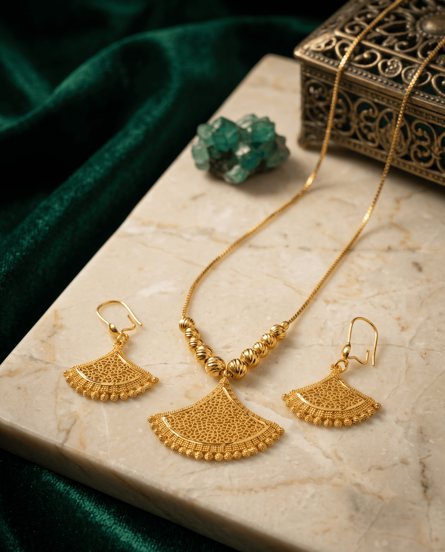 Gold Filigree Fan Pendant Necklace & Earrings Set - Temple-Inspired Jewellery