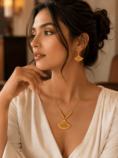 Gold Filigree Fan Pendant Necklace & Earrings Set - Temple-Inspired Jewellery