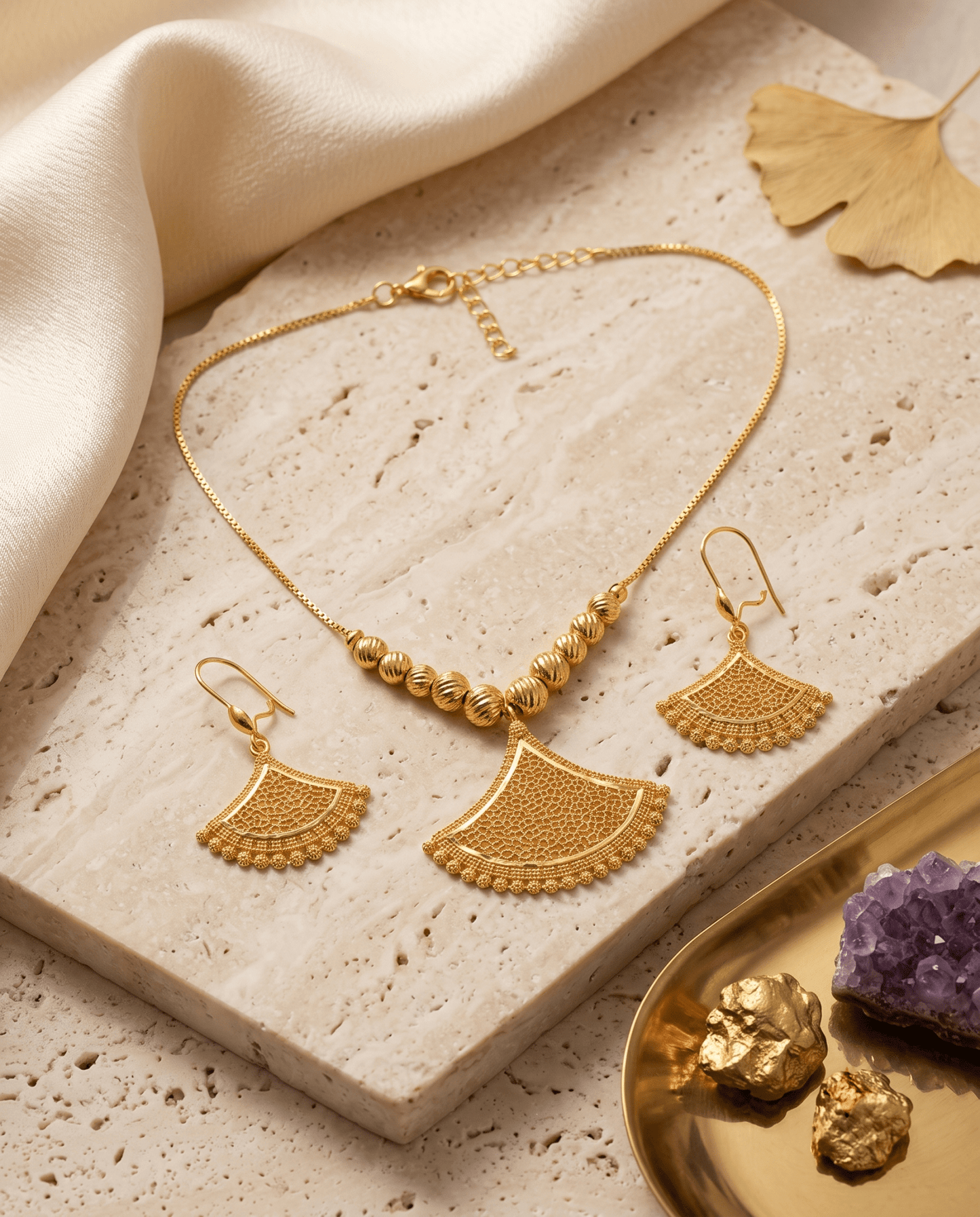 Gold Filigree Fan Pendant Necklace & Earrings Set - Temple-Inspired Jewellery