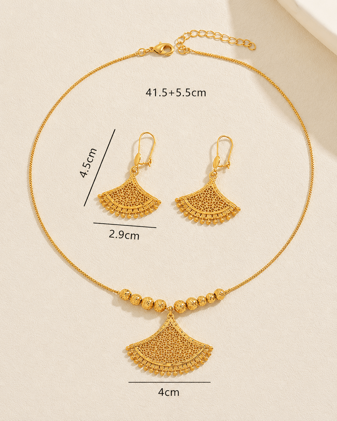 Gold Filigree Fan Pendant Necklace & Earrings Set - Temple-Inspired Jewellery