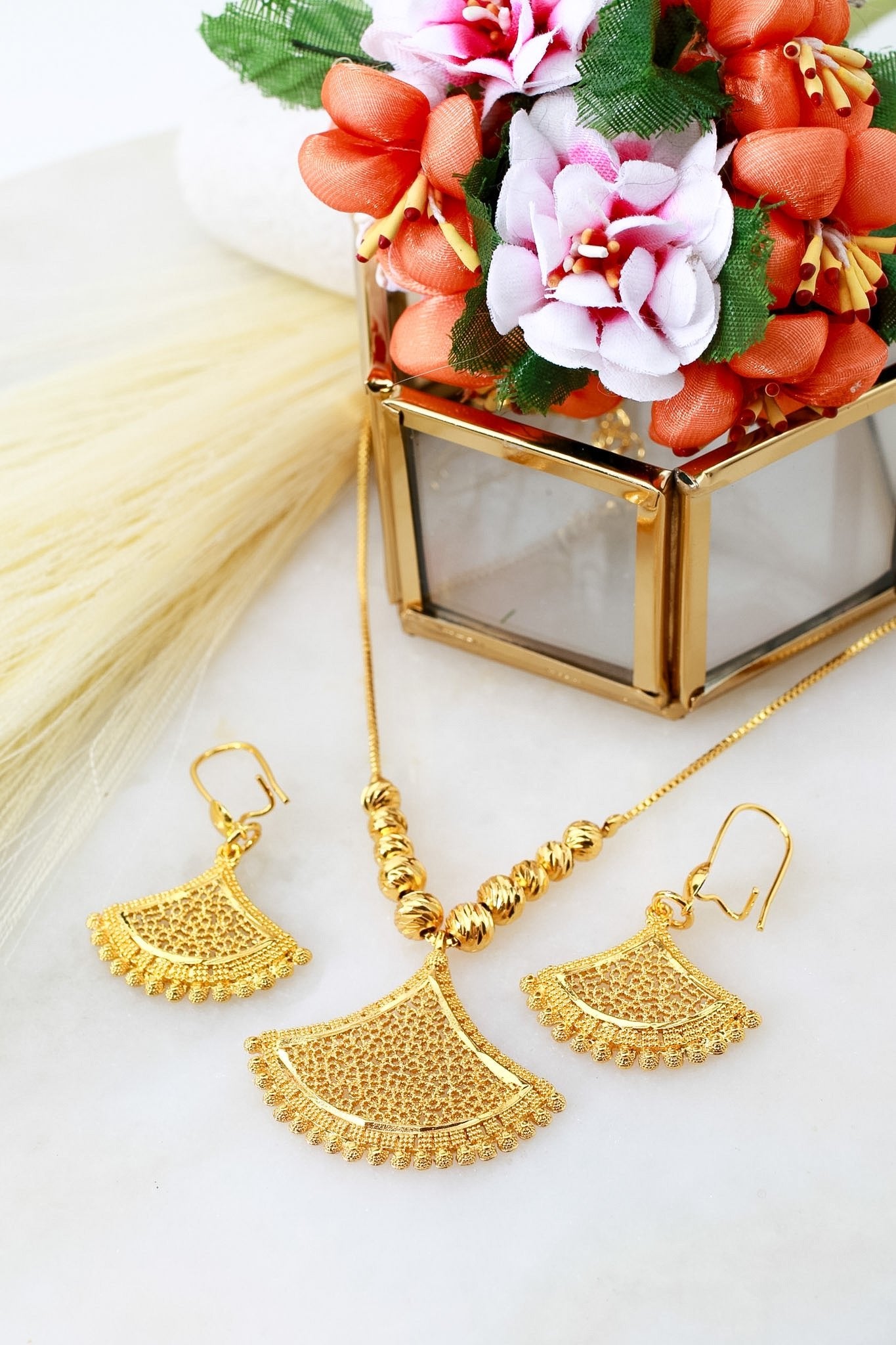 Gold Filigree Fan Pendant Necklace & Earrings Set - Temple-Inspired Jewellery