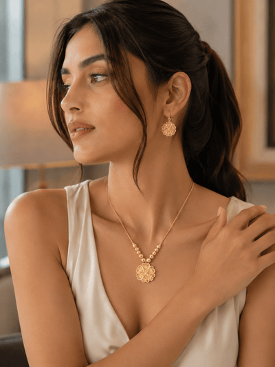 Gold Filigree Flower Pendant Necklace & Earrings Set - Temple-Inspired Jewellery